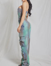 Multi color cargo denim jumpsuit