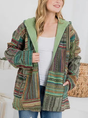 Cotton patchwork hooded zip jacket