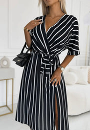 Novena striped side slit wrap midaxi dress