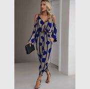 Print knot shoulder elastic waist jumpsuit