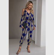 Print knot shoulder elastic waist jumpsuit