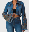 Denim Cropped Jacket Embroidered Bell Sleeves