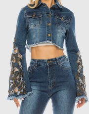 Denim Cropped Jacket Embroidered Bell Sleeves