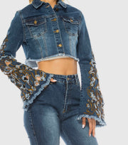 Denim Cropped Jacket Embroidered Bell Sleeves