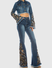 Denim Cropped Jacket Embroidered Bell Sleeves