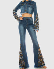 Denim Cropped Jacket Embroidered Bell Sleeves