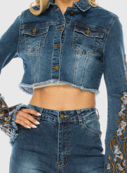 Denim Cropped Jacket Embroidered Bell Sleeves