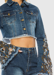 Denim Cropped Jacket Embroidered Bell Sleeves