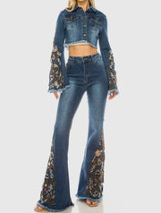 Denim Cropped Jacket Embroidered Bell Sleeves