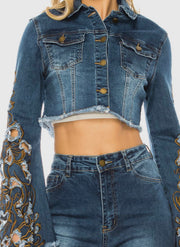 Denim Cropped Jacket Embroidered Bell Sleeves