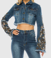 Denim Cropped Jacket Embroidered Bell Sleeves