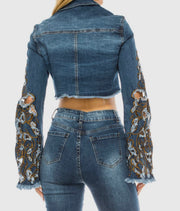 Denim Cropped Jacket Embroidered Bell Sleeves