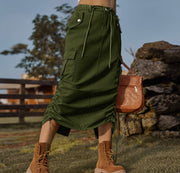 Drawstring Denim Cargo Skirt Casual Midi Skirt