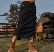 Drawstring Denim Cargo Skirt Casual Midi Skirt