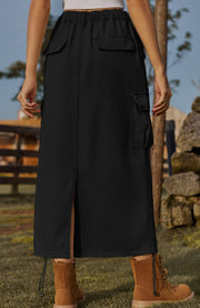 Drawstring Denim Cargo Skirt Casual Midi Skirt