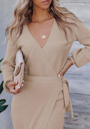 Ribbed Knit Wrap Midi Dress-Beige