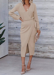 Ribbed Knit Wrap Midi Dress-Beige