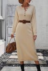 Women Ribbed Sleeve Button Neck Long Knot Dress