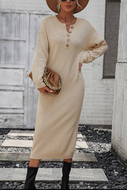 Women Ribbed Sleeve Button Neck Long Knot Dress