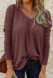 WOMEN RIBBED V NECK LOOSE SWEATER