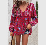 Floral print cross deep V boho Top