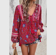 Floral print cross deep V boho Top