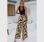 All over print pockets elastic band belt pants