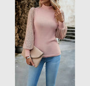 Color block knit high neck solid blouse