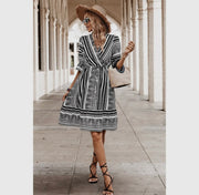 Cross striped ruffle sleeve high waist fit dress