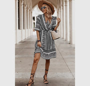 Cross striped ruffle sleeve high waist fit dress