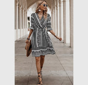 Cross striped ruffle sleeve high waist fit dress