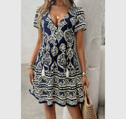 Deep V Neck Allover Print Ruffle Tassel Dress