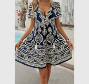 Deep V Neck Allover Print Ruffle Tassel Dress