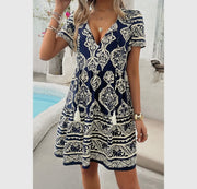 Deep V Neck Allover Print Ruffle Tassel Dress