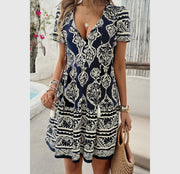 Deep V Neck Allover Print Ruffle Tassel Dress