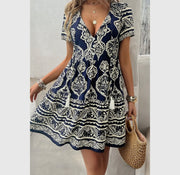 Deep V Neck Allover Print Ruffle Tassel Dress