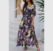 Floral cross v neck belt side open fit dress