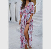 Floral cross v neck belt side open fit dress