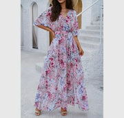 Floral cross v neck belt side open fit dress