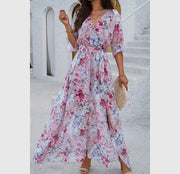 Floral cross v neck belt side open fit dress