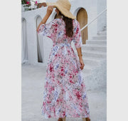 Floral cross v neck belt side open fit dress