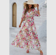 Floral cross v neck belt side open fit dress