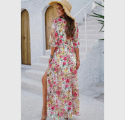 Floral cross v neck belt side open fit dress