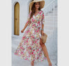 Floral cross v neck belt side open fit dress