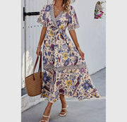 Floral print lace trim cross belt A line dress