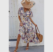 Floral print lace trim cross belt A line dress