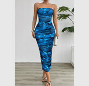 Strapless Printed Pleated Bodycon Dress