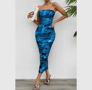 Strapless Printed Pleated Bodycon Dress