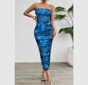 Strapless Printed Pleated Bodycon Dress