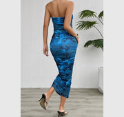 Strapless Printed Pleated Bodycon Dress